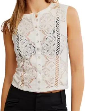 Women Y2k Button Tank Top Cute Floral Lace Hollow Out Sleeveless Going Out Crop Tops Boho Coquette Summer Streetwear