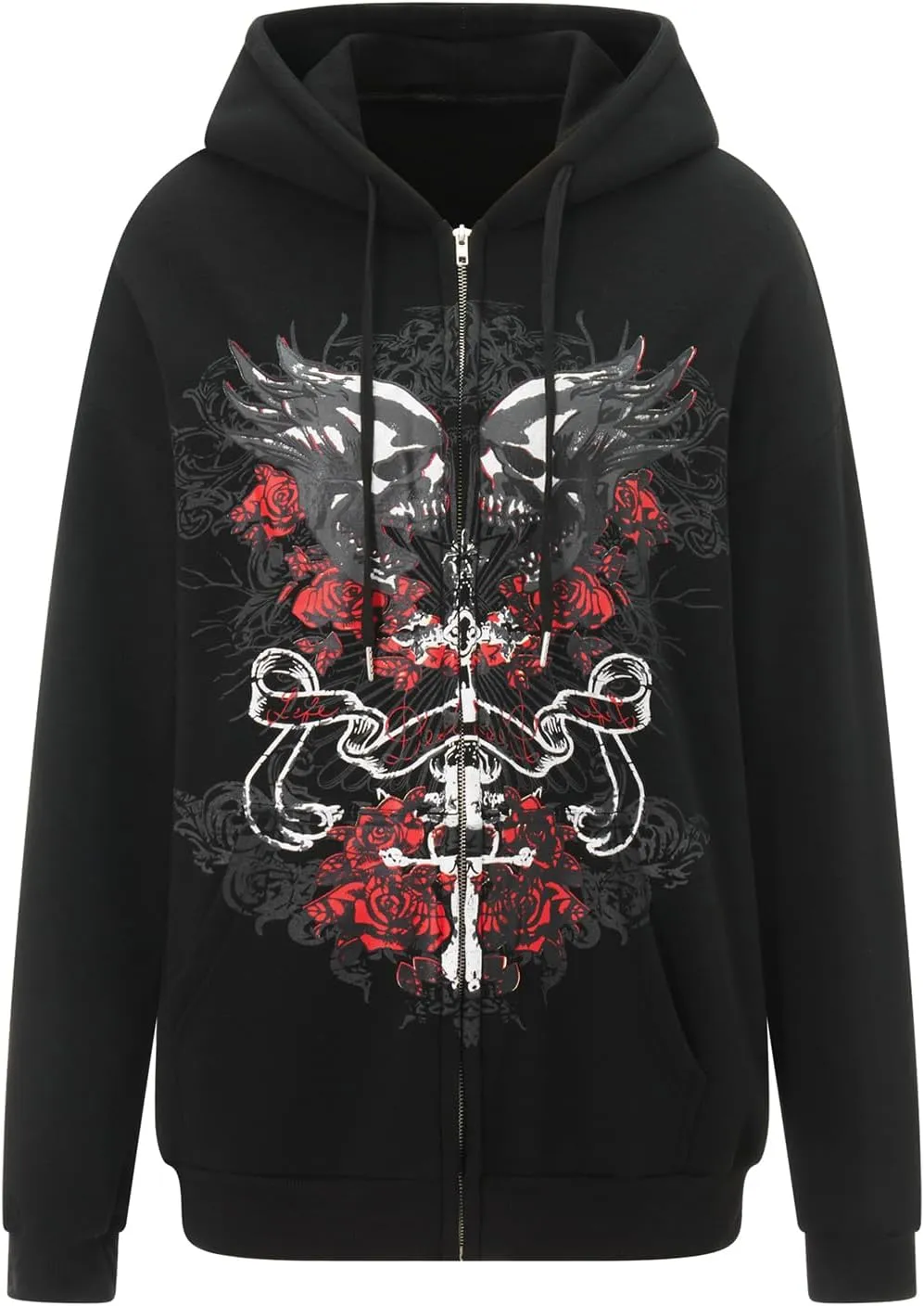 Women Zip Up Oversized Y2k Hoodie Sweatshirt Long Sleeve Skull Print Vintage 90s Tops Streetwear