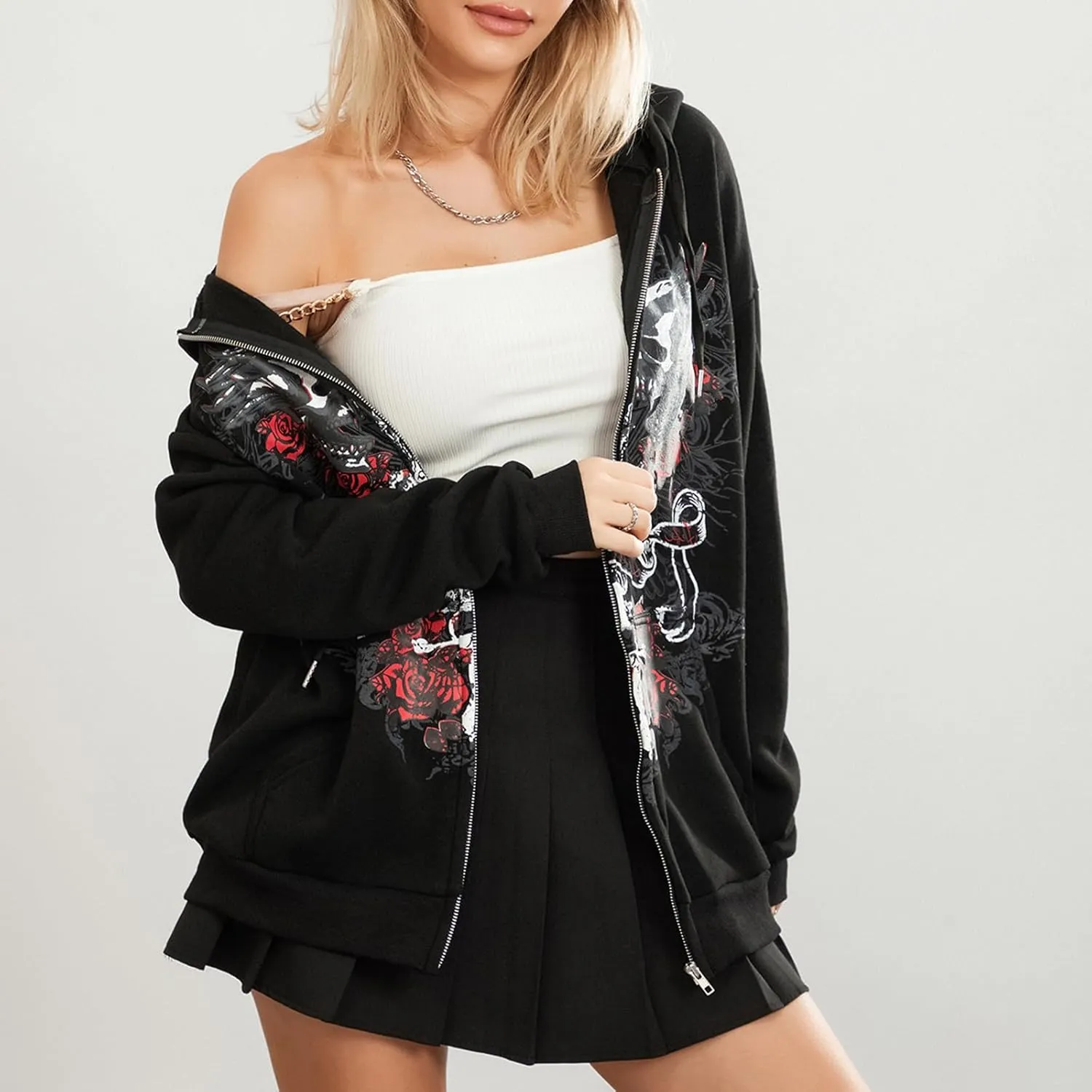 Women Zip Up Oversized Y2k Hoodie Sweatshirt Long Sleeve Skull Print Vintage 90s Tops Streetwear