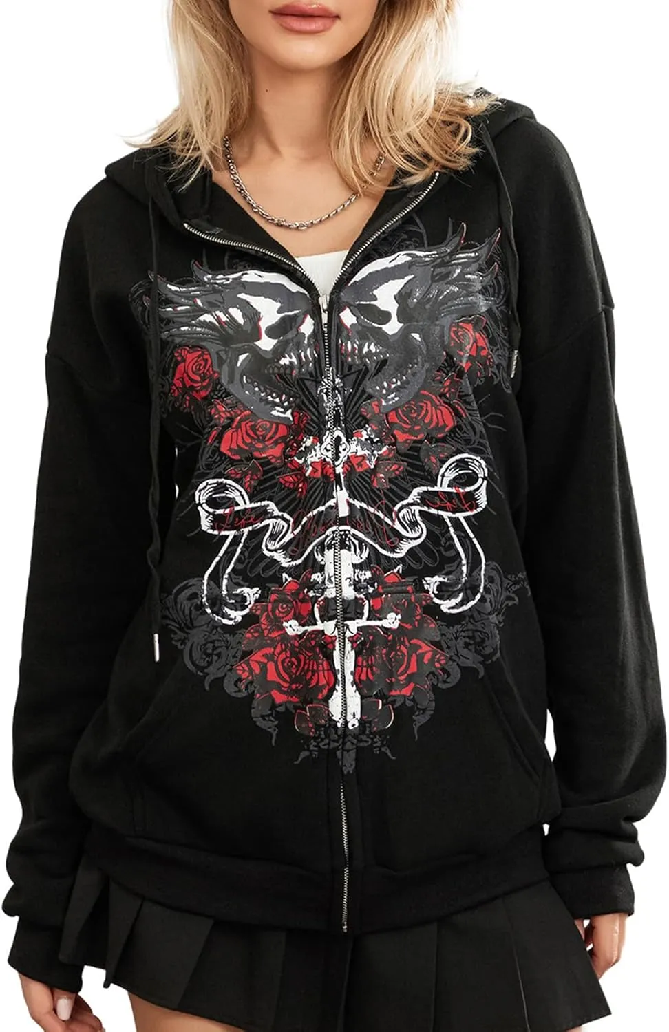 Women Zip Up Oversized Y2k Hoodie Sweatshirt Long Sleeve Skull Print Vintage 90s Tops Streetwear