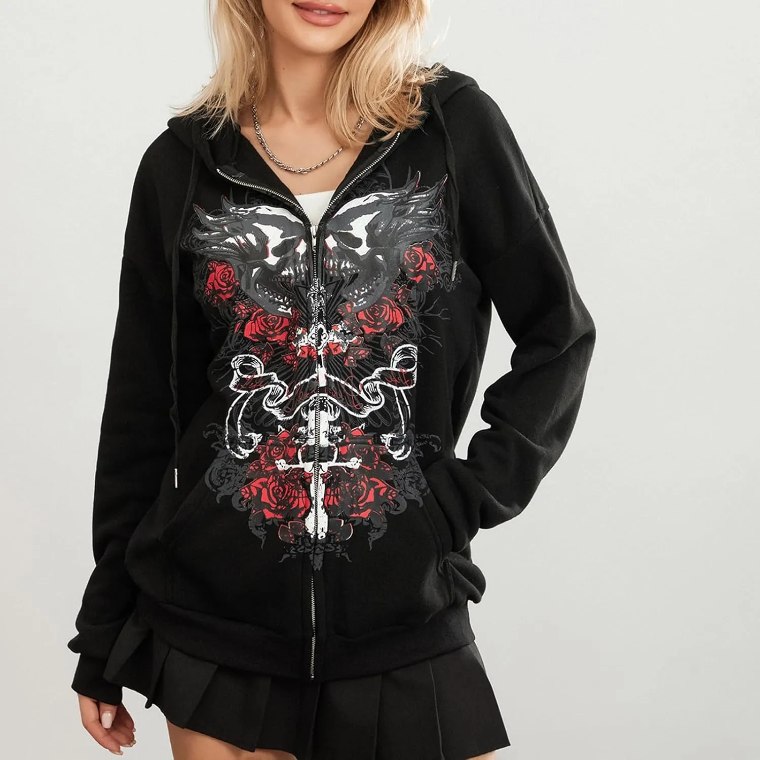 Women Zip Up Oversized Y2k Hoodie Sweatshirt Long Sleeve Skull Print Vintage 90s Tops Streetwear