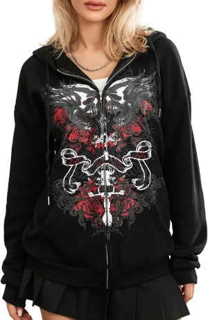 Women Zip Up Oversized Y2k Hoodie Sweatshirt Long Sleeve Skull Print Vintage 90s Tops Streetwear