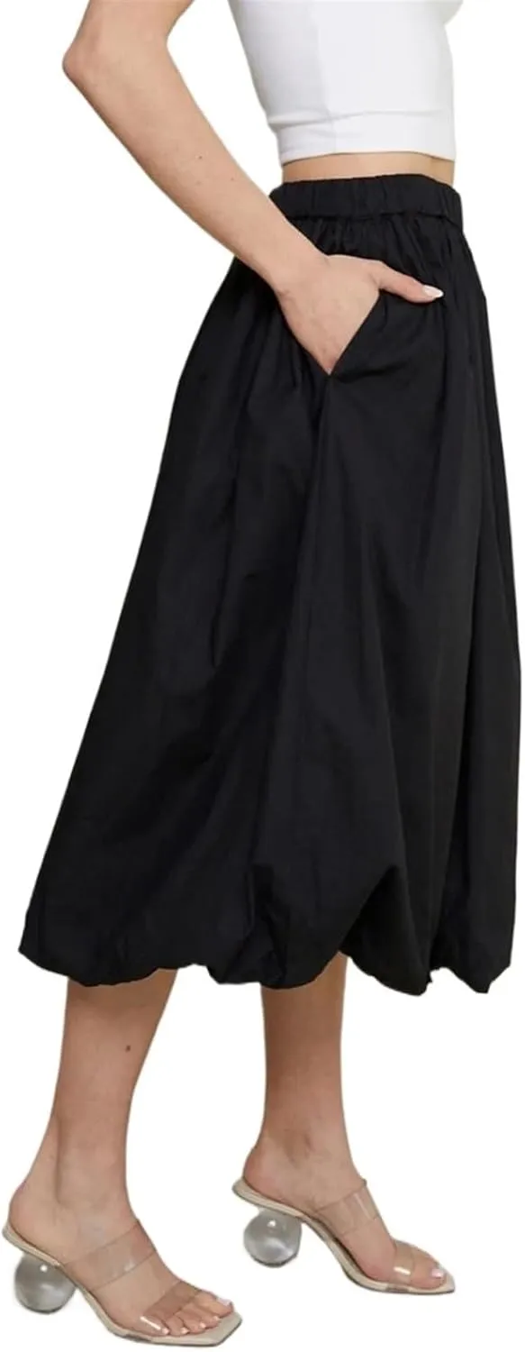 Womens Bubble Maxi Skirt Elastic Low Waist Pleated Balloon Long Skirt Summer Ruffle Puffy Flowy Swing Midi Dress