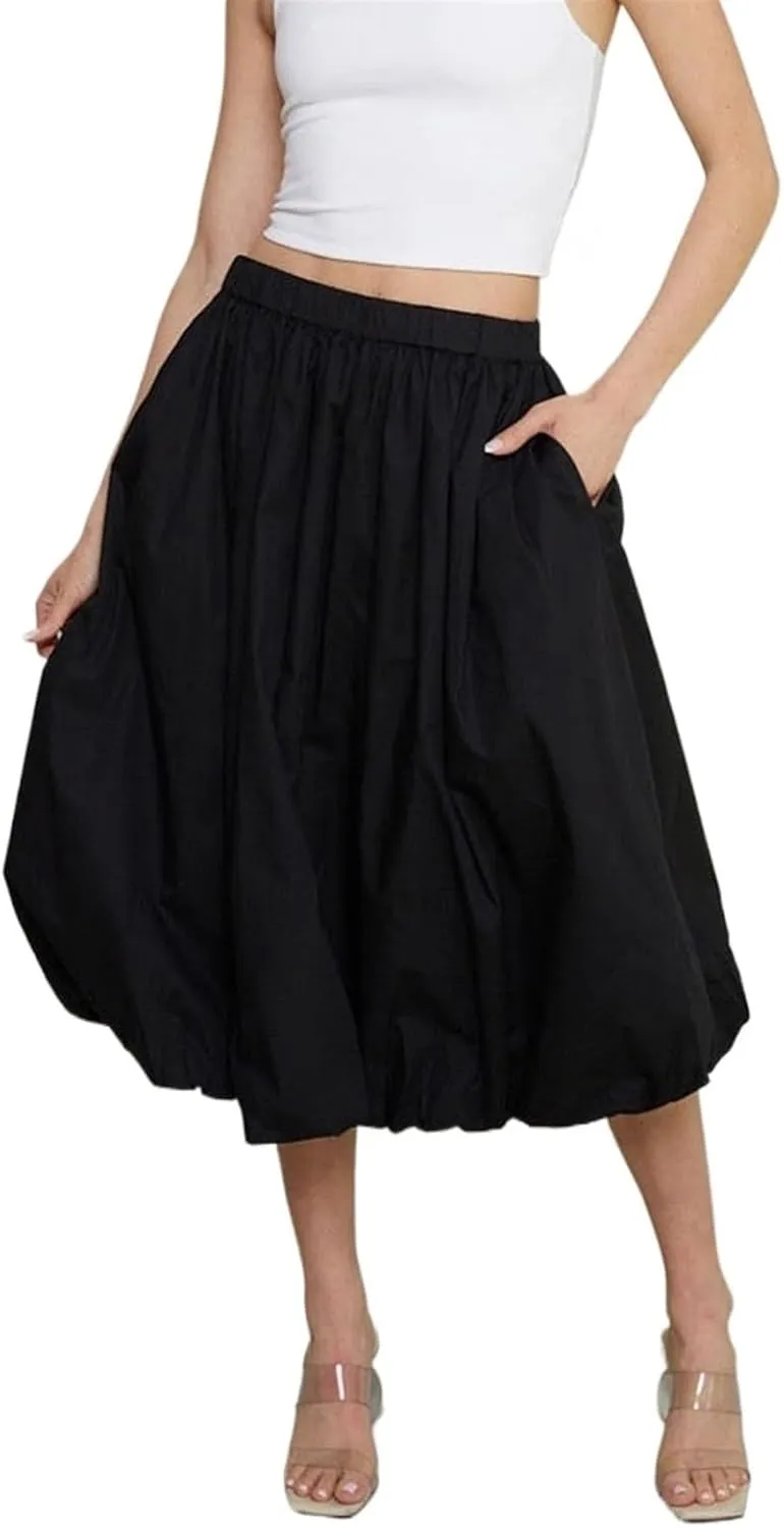 Womens Bubble Maxi Skirt Elastic Low Waist Pleated Balloon Long Skirt Summer Ruffle Puffy Flowy Swing Midi Dress