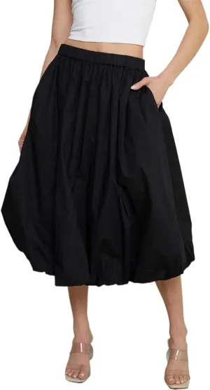 Womens Bubble Maxi Skirt Elastic Low Waist Pleated Balloon Long Skirt Summer Ruffle Puffy Flowy Swing Midi Dress
