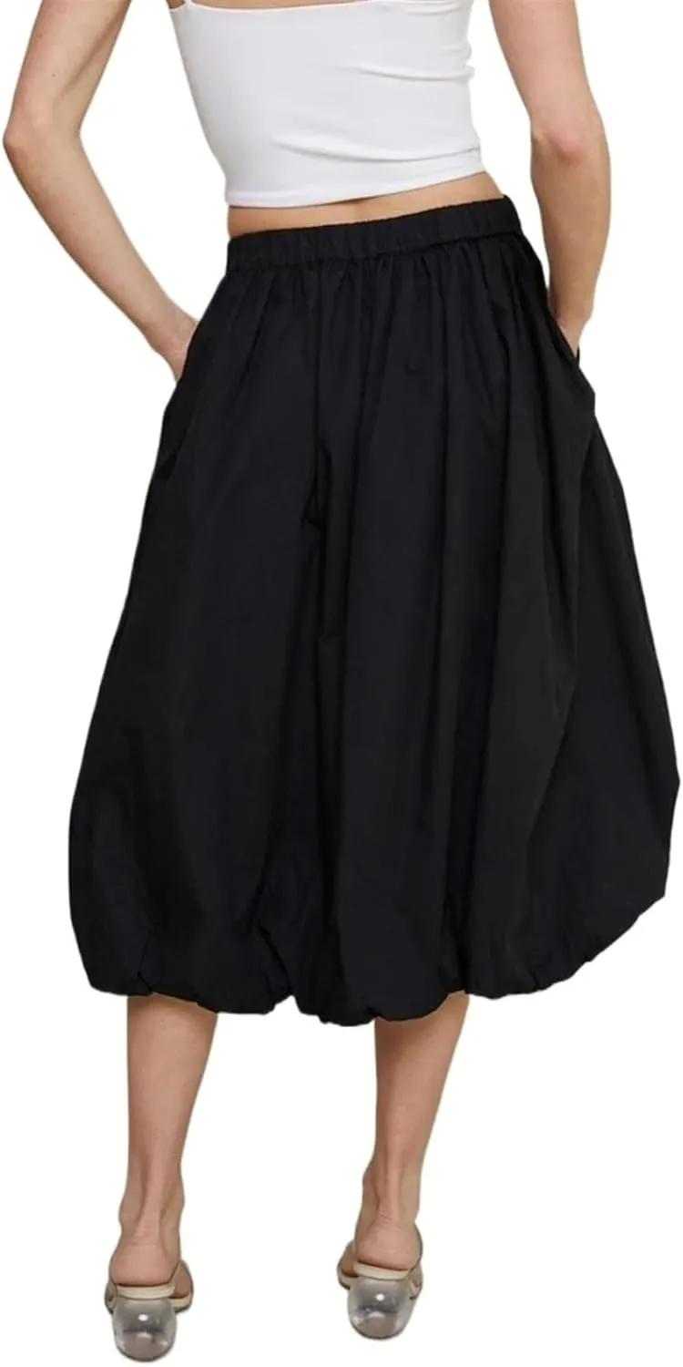Womens Bubble Maxi Skirt Elastic Low Waist Pleated Balloon Long Skirt Summer Ruffle Puffy Flowy Swing Midi Dress