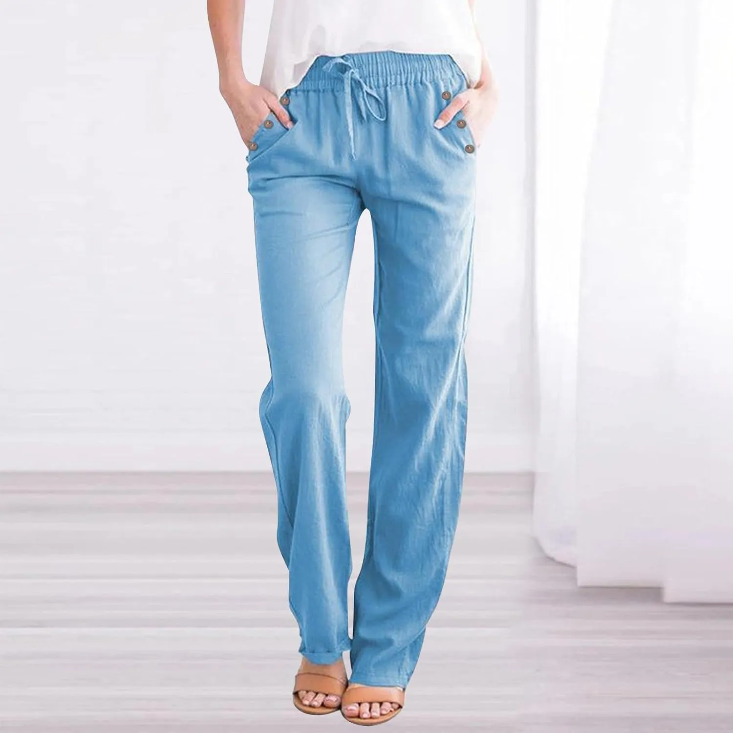 Womens Casual Cotton Linen Pants 2025 Lightweight Summer Relax Fit Elastic Waist Solid Lounge Beach Long Trousers