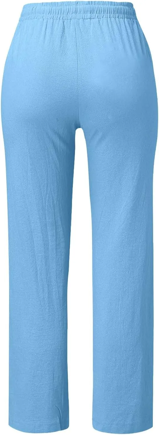 Womens Casual Cotton Linen Pants 2025 Lightweight Summer Relax Fit Elastic Waist Solid Lounge Beach Long Trousers