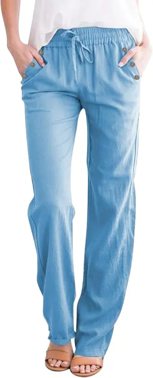 Womens Casual Cotton Linen Pants 2025 Lightweight Summer Relax Fit Elastic Waist Solid Lounge Beach Long Trousers