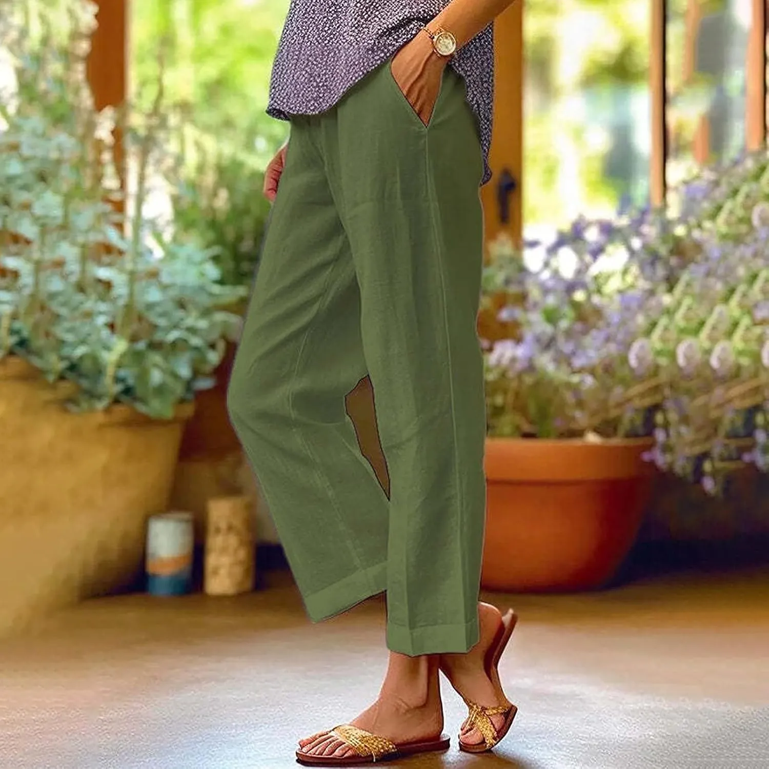 Womens Casual Cotton Linen Pants Lightweight Summer Relax Fit Elastic Waist Plus Size Solid Lounge Long Trousers