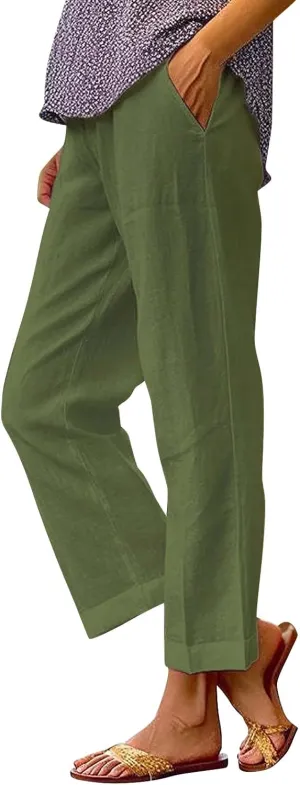 Womens Casual Cotton Linen Pants Lightweight Summer Relax Fit Elastic Waist Plus Size Solid Lounge Long Trousers