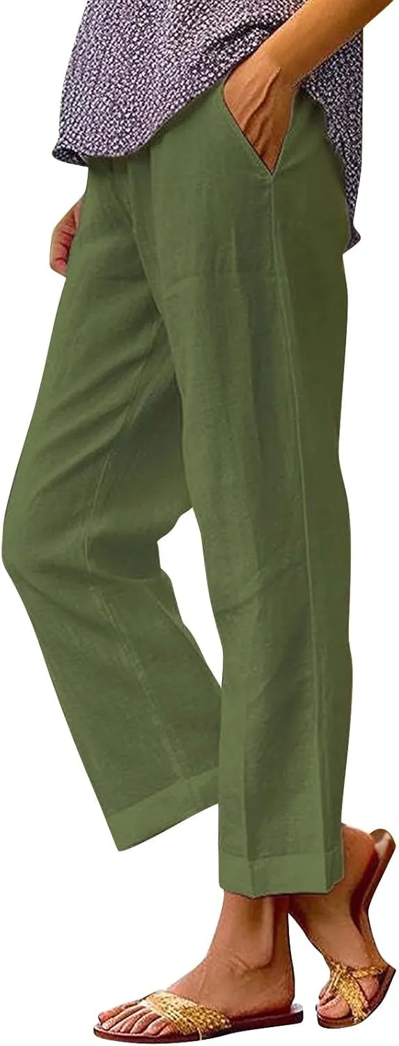 Womens Casual Cotton Linen Pants Lightweight Summer Relax Fit Elastic Waist Plus Size Solid Lounge Long Trousers