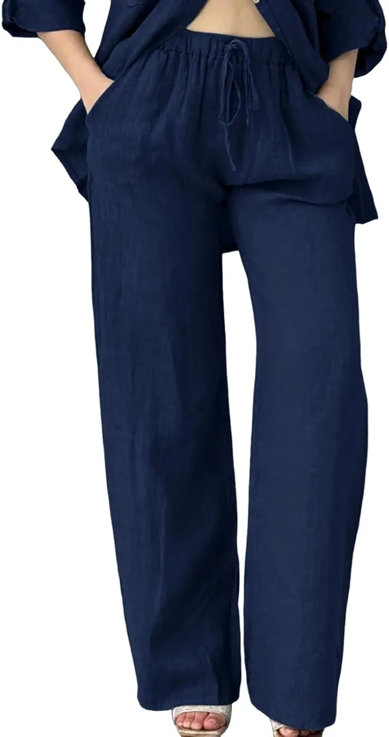 Womens Casual Cotton Linen Pants Lightweight Summer Relax Fit Elastic Waisted Plus Size Solid Lounge Long Trousers