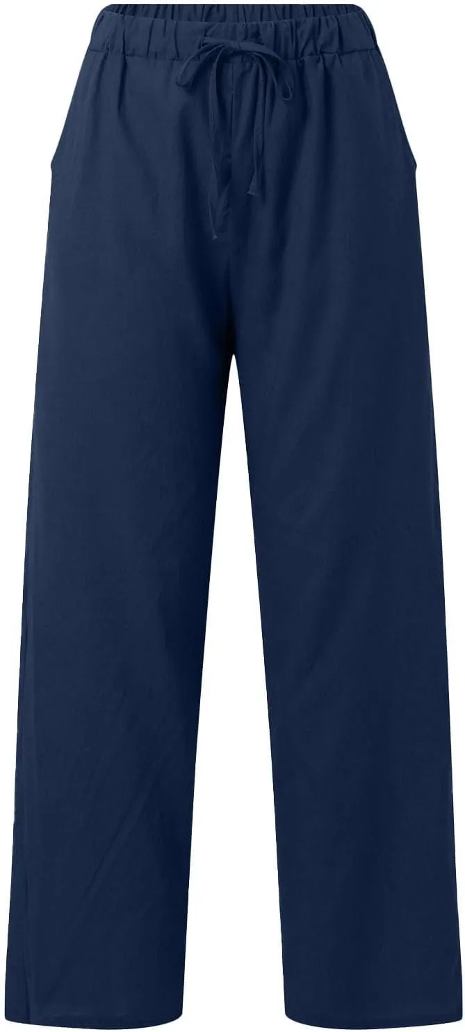 Womens Casual Cotton Linen Pants Lightweight Summer Relax Fit Elastic Waisted Plus Size Solid Lounge Long Trousers