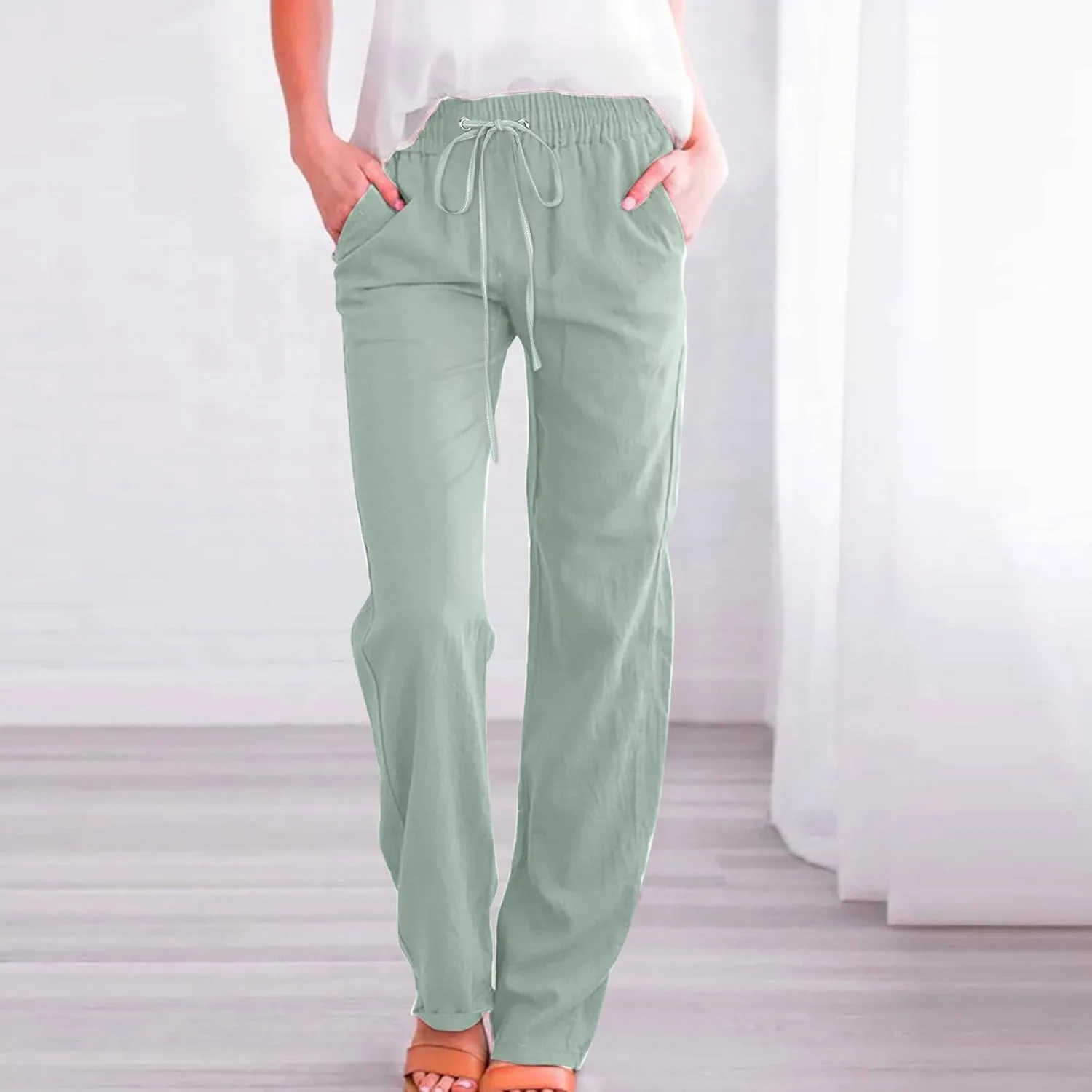 Women's Casual Cotton Linen Pants Summer Relax Fit Elastic Waist Straight Leg Comfy Solid Lounge Long Trouser with Pockets