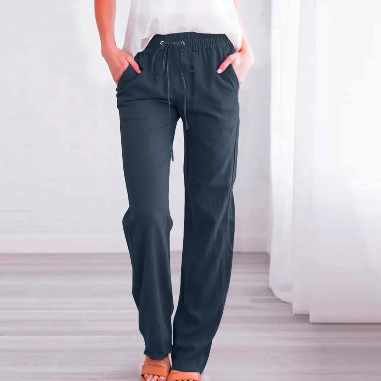 Women's Casual Cotton Linen Pants Summer Relax Fit Elastic Waist Straight Leg Comfy Solid Lounge Long Trouser with Pockets