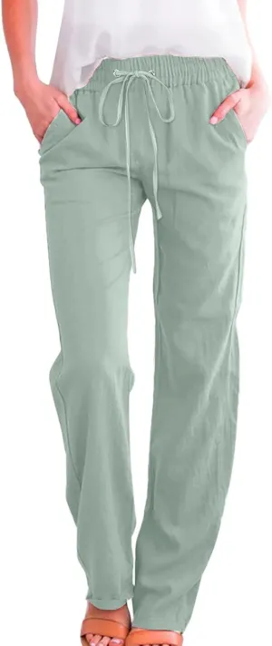 Women's Casual Cotton Linen Pants Summer Relax Fit Elastic Waist Straight Leg Comfy Solid Lounge Long Trouser with Pockets
