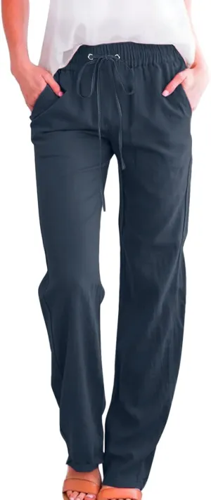 Women's Casual Cotton Linen Pants Summer Relax Fit Elastic Waist Straight Leg Comfy Solid Lounge Long Trouser with Pockets