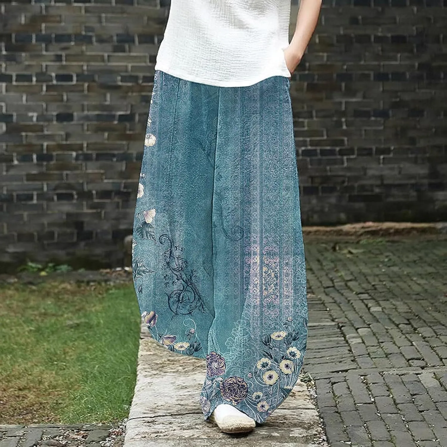 Womens Clothes Summer Outfits for Women Leg Pants Waist Elastic Relax Fit Trouser with Pockets Linen Pants Set Women