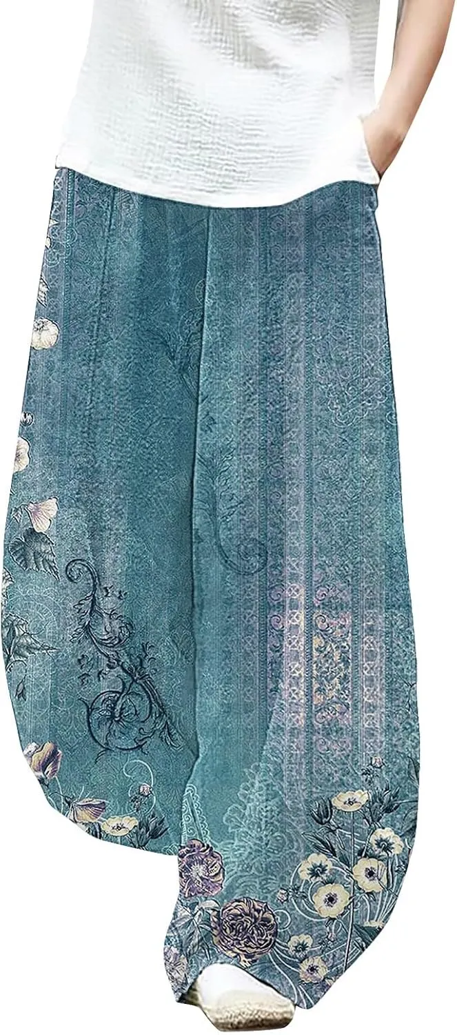 Womens Clothes Summer Outfits for Women Leg Pants Waist Elastic Relax Fit Trouser with Pockets Linen Pants Set Women