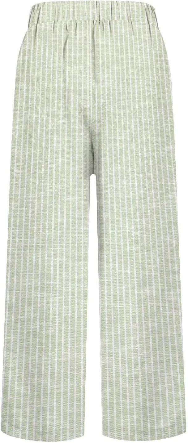 Women's Cotton Linen Capris Pants Elastic Waisted Drawstring Summer Casual Stripe Cropped Trousers Beach Baggy Slacks