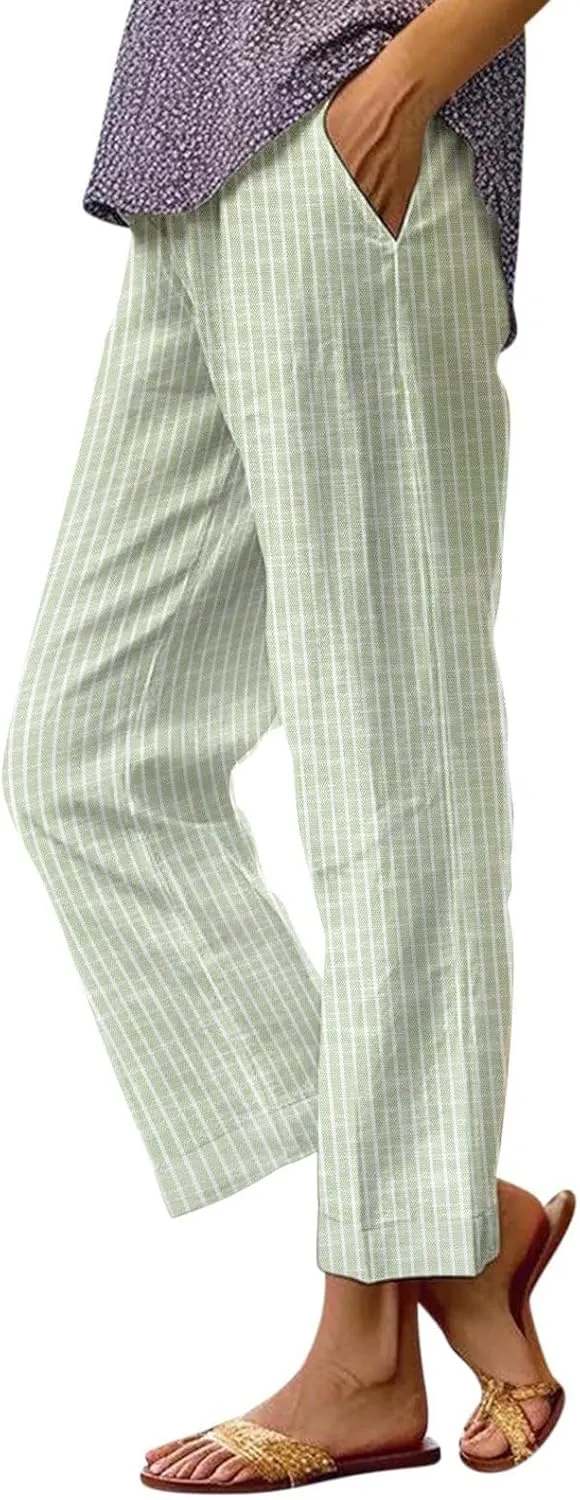 Women's Cotton Linen Capris Pants Elastic Waisted Drawstring Summer Casual Stripe Cropped Trousers Beach Baggy Slacks