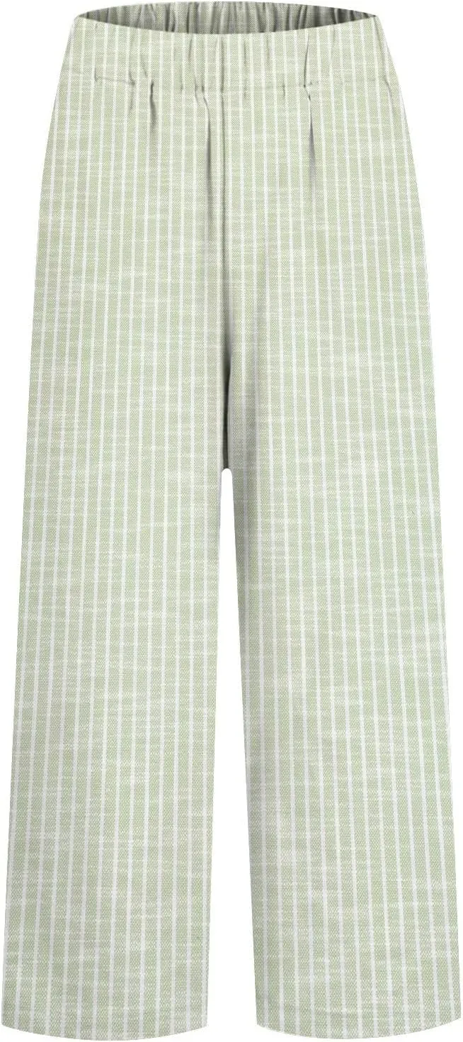 Women's Cotton Linen Capris Pants Elastic Waisted Drawstring Summer Casual Stripe Cropped Trousers Beach Baggy Slacks