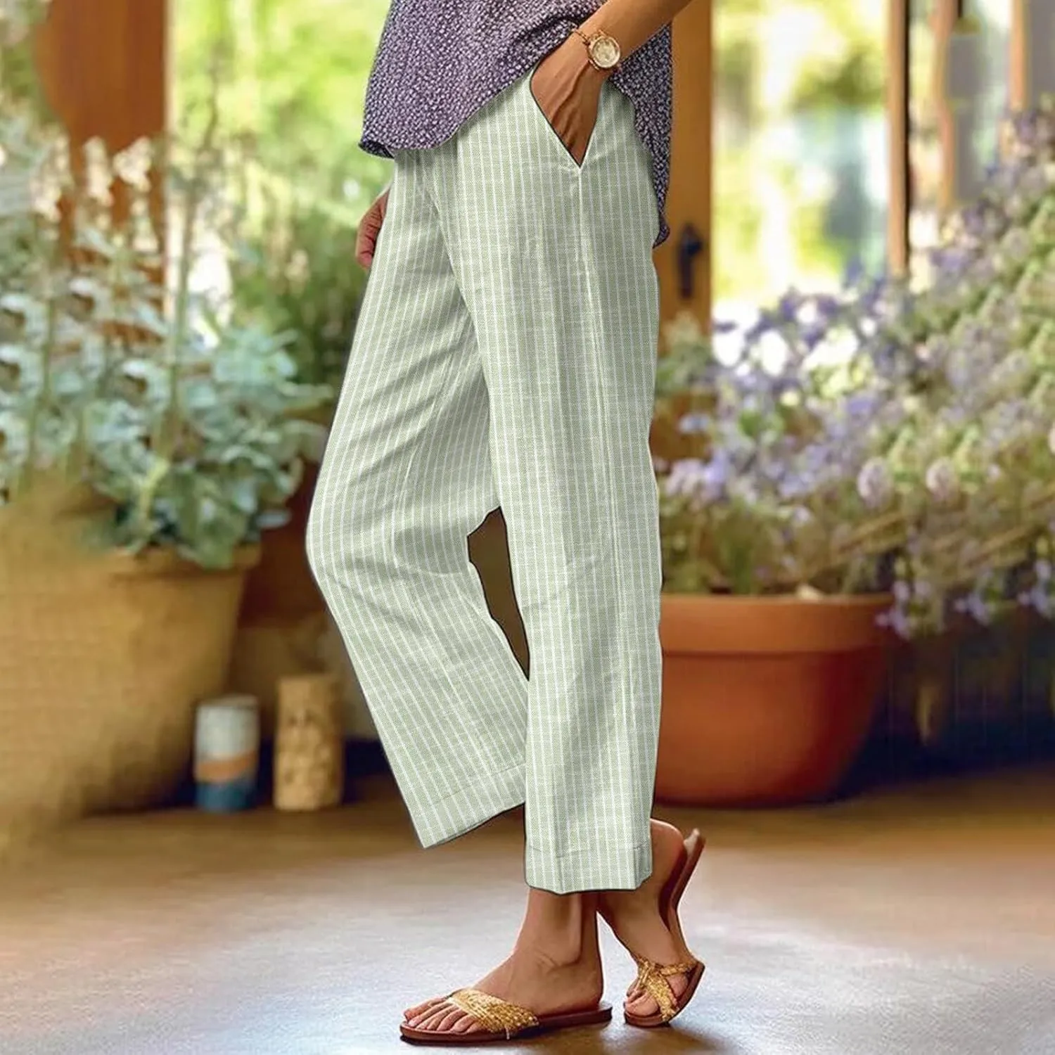 Women's Cotton Linen Capris Pants Elastic Waisted Drawstring Summer Casual Stripe Cropped Trousers Beach Baggy Slacks