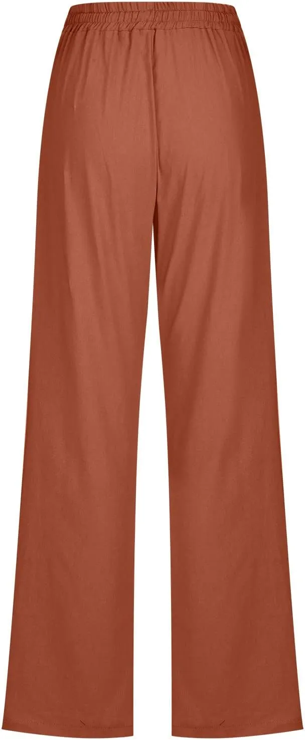 Women's Cotton Linen Pant Solid Color Wide Leg Trousers High Waist Drawstring Lounge Pants Loose Fit Slacks