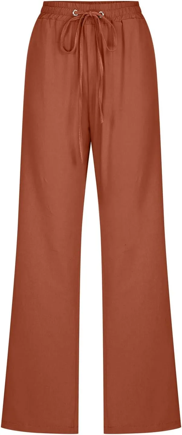 Women's Cotton Linen Pant Solid Color Wide Leg Trousers High Waist Drawstring Lounge Pants Loose Fit Slacks
