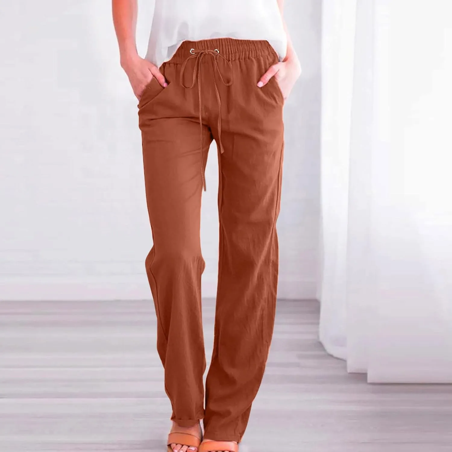 Women's Cotton Linen Pant Solid Color Wide Leg Trousers High Waist Drawstring Lounge Pants Loose Fit Slacks