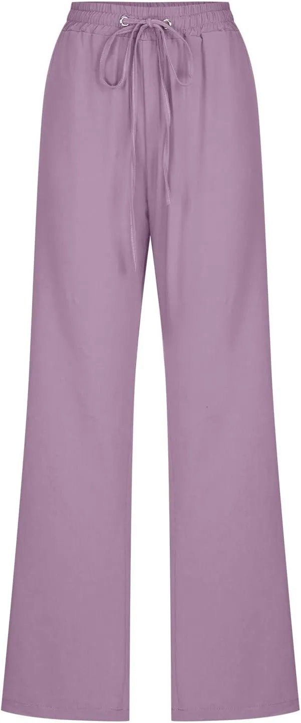 Women's Cotton Linen Pant Solid Color Wide Leg Trousers High Waist Drawstring Lounge Pants Loose Fit Slacks