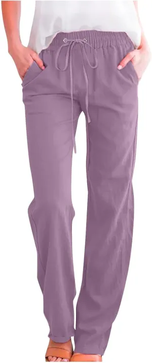 Women's Cotton Linen Pant Solid Color Wide Leg Trousers High Waist Drawstring Lounge Pants Loose Fit Slacks