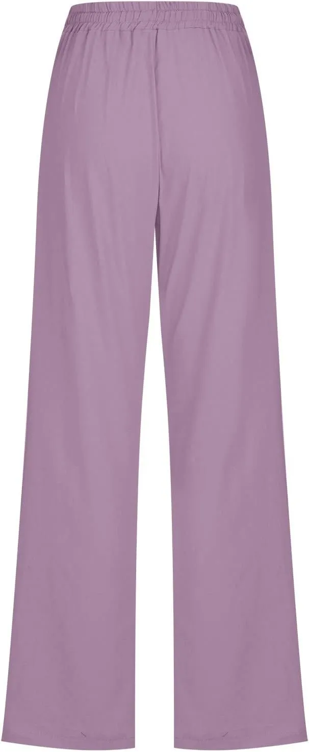 Women's Cotton Linen Pant Solid Color Wide Leg Trousers High Waist Drawstring Lounge Pants Loose Fit Slacks