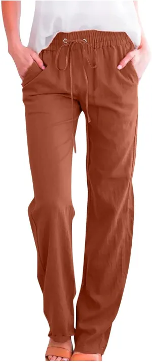 Women's Cotton Linen Pant Solid Color Wide Leg Trousers High Waist Drawstring Lounge Pants Loose Fit Slacks