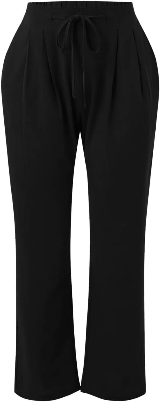 Womens Cotton Linen Pants Casual Lightweight Summer Relax Fit Pants Elastic Waist Plus Size Lounge Long Trousers