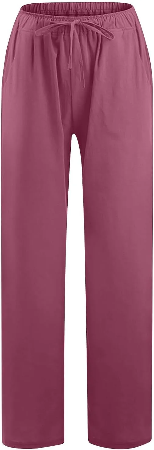 Women's Cotton Linen Pants Summer Wide Leg Pants High Waist Palazzo Pants Casual Loose Flowy Beach Trousers