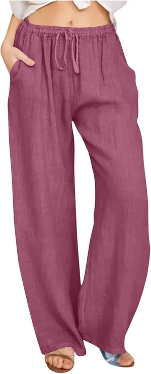 Women's Cotton Linen Pants Summer Wide Leg Pants High Waist Palazzo Pants Casual Loose Flowy Beach Trousers
