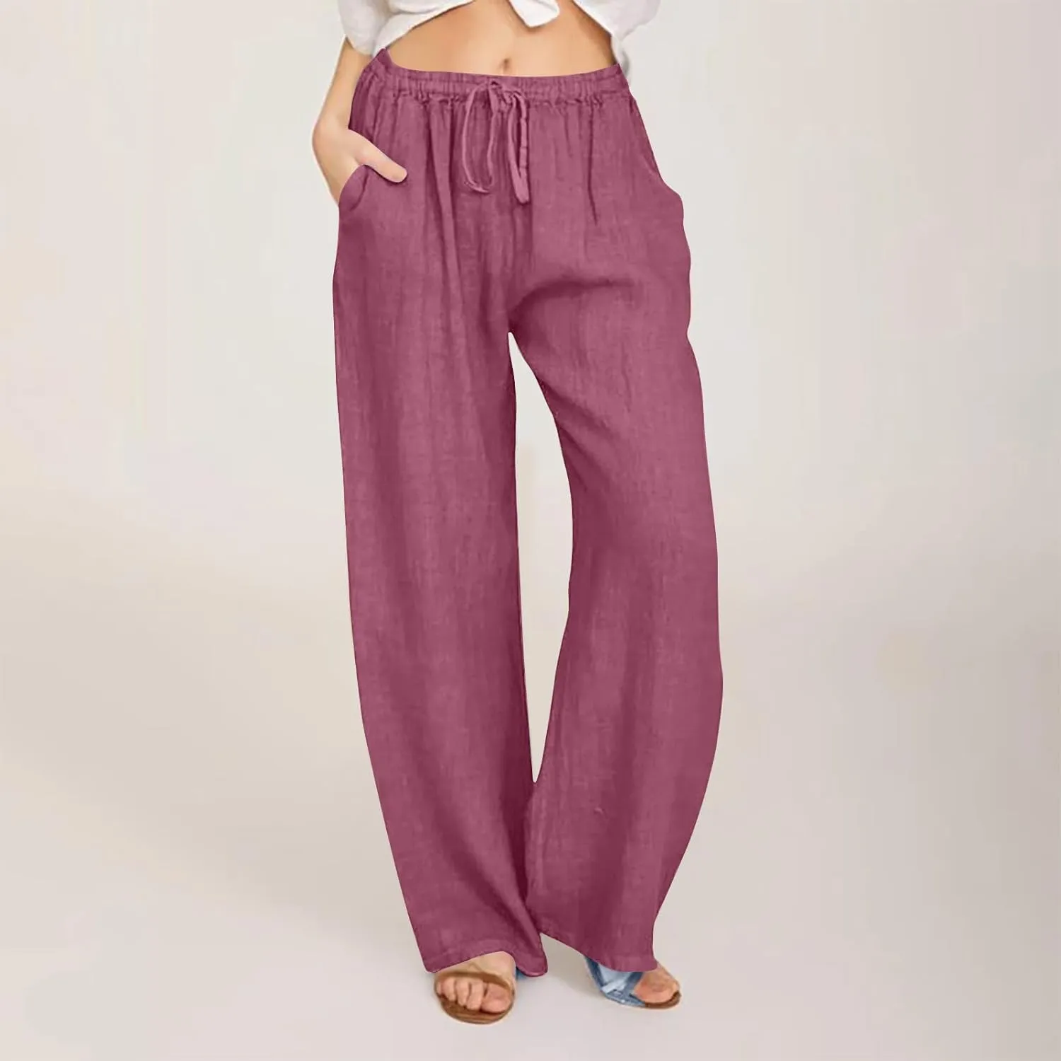 Women's Cotton Linen Pants Summer Wide Leg Pants High Waist Palazzo Pants Casual Loose Flowy Beach Trousers