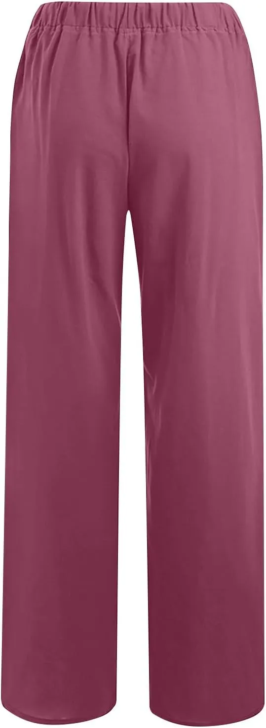 Women's Cotton Linen Pants Summer Wide Leg Pants High Waist Palazzo Pants Casual Loose Flowy Beach Trousers