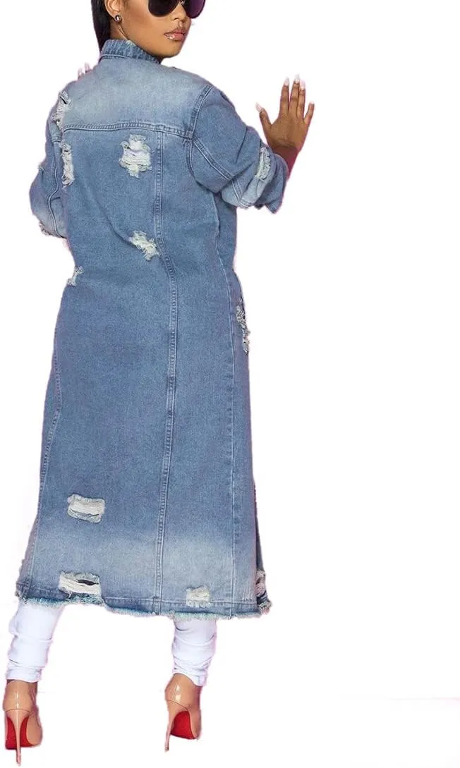 Womens Distressed Ripped Denim Trench Coat Casual Slim Button Down Washed Long Jean Jacket