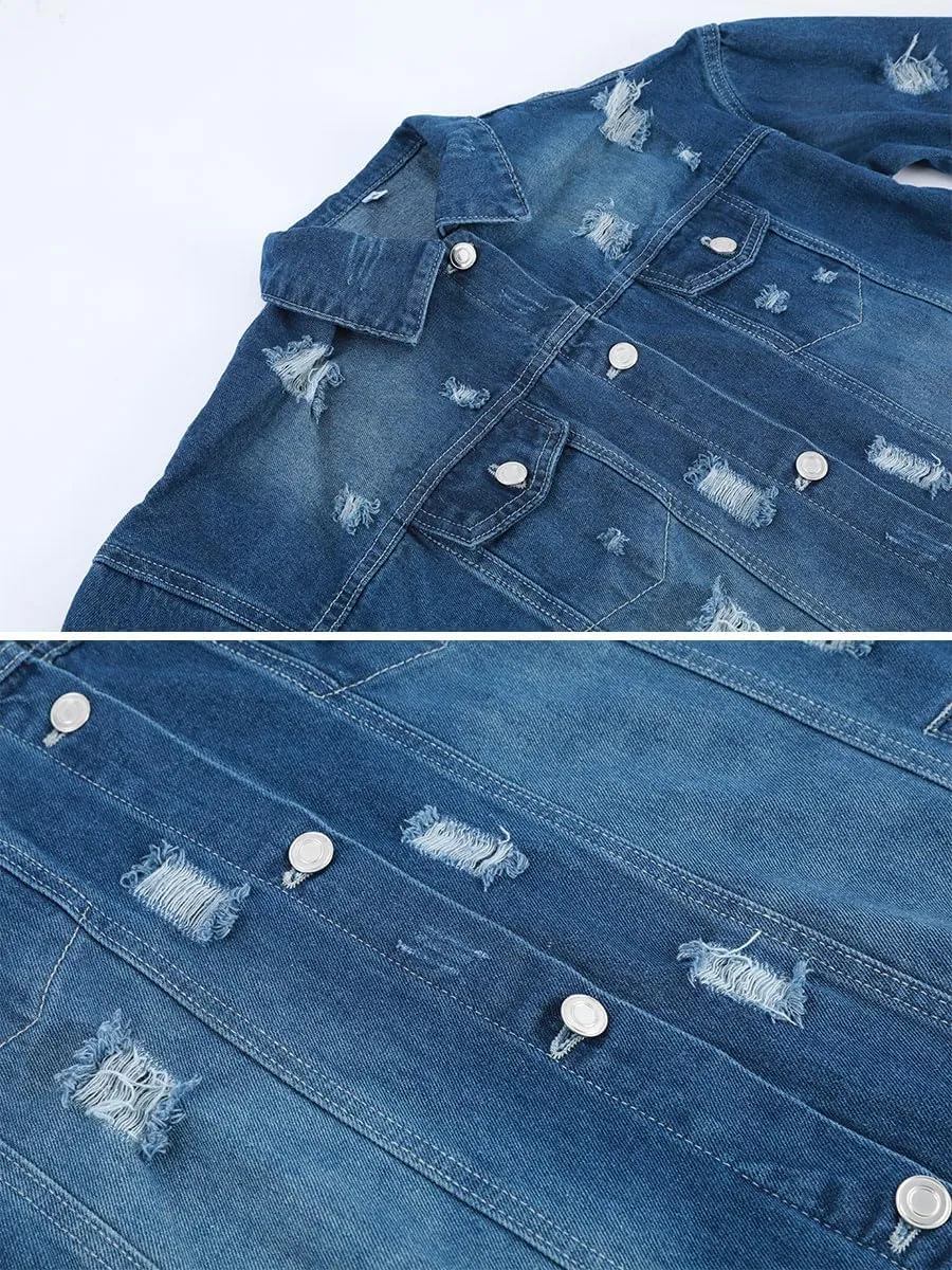 Womens Distressed Ripped Denim Trench Coat Casual Slim Button Down Washed Long Jean Jacket