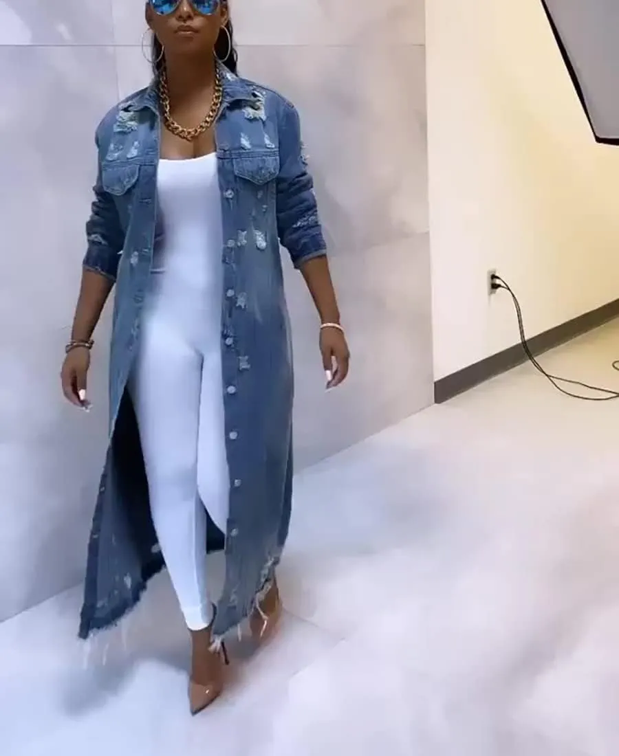 Womens Distressed Ripped Denim Trench Coat Casual Slim Button Down Washed Long Jean Jacket