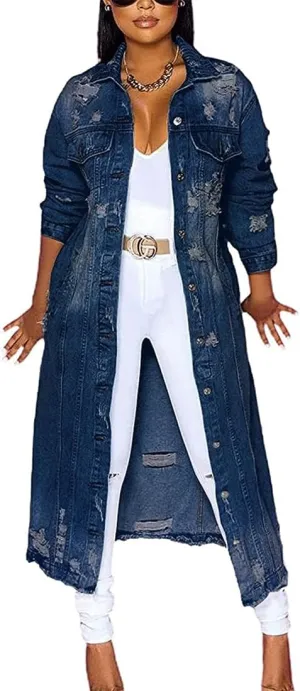Womens Distressed Ripped Denim Trench Coat Casual Slim Button Down Washed Long Jean Jacket
