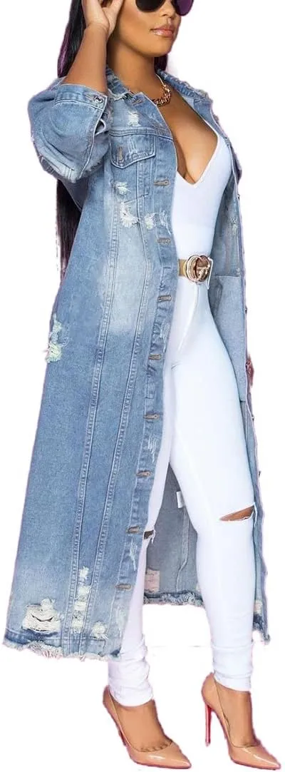Womens Distressed Ripped Denim Trench Coat Casual Slim Button Down Washed Long Jean Jacket