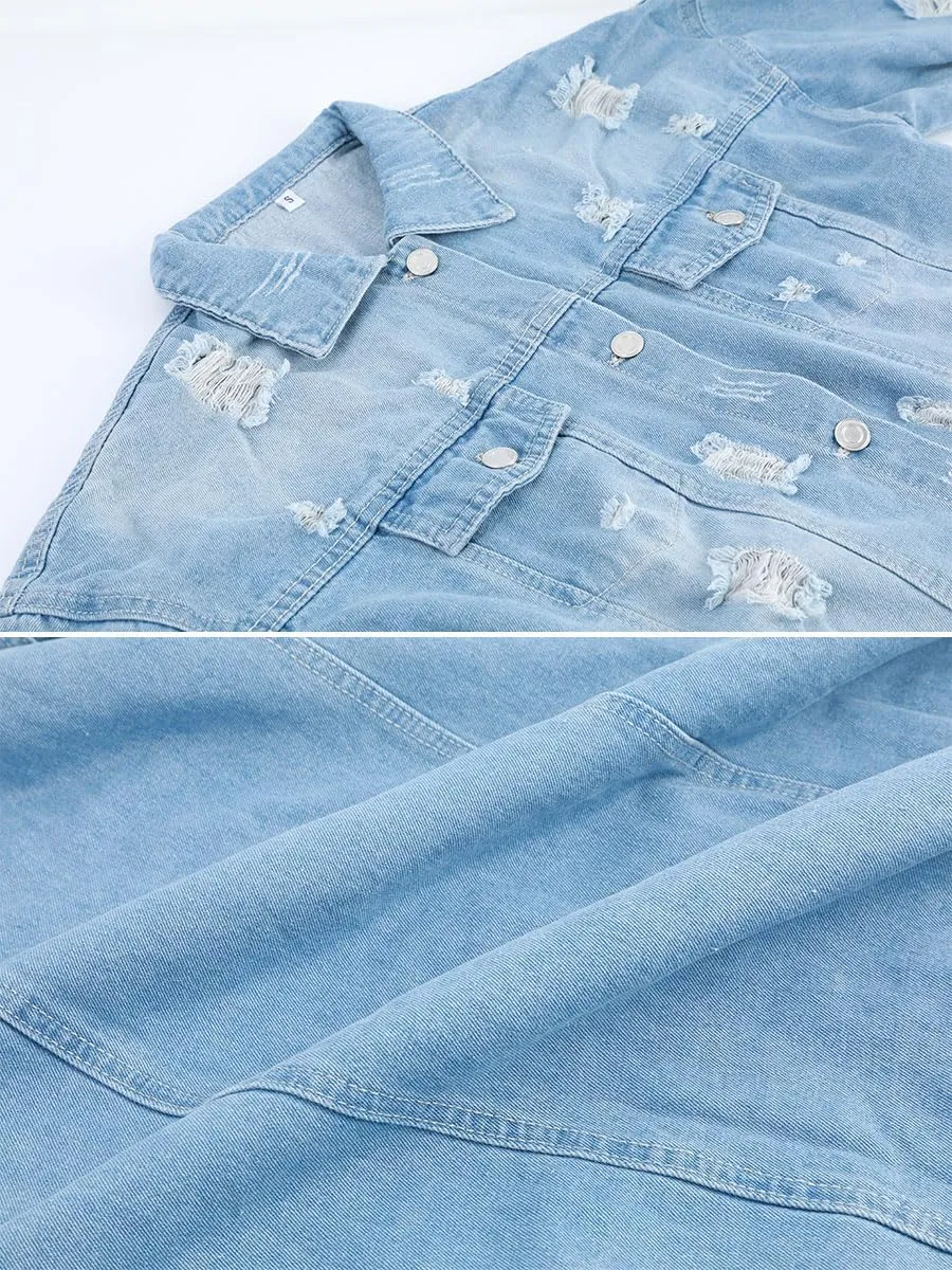 Womens Distressed Ripped Denim Trench Coat Casual Slim Button Down Washed Long Jean Jacket