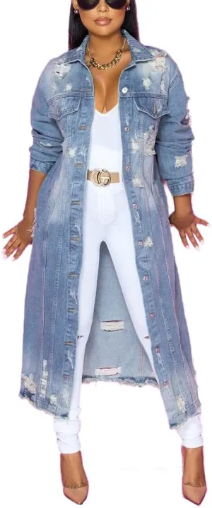 Womens Distressed Ripped Denim Trench Coat Casual Slim Button Down Washed Long Jean Jacket
