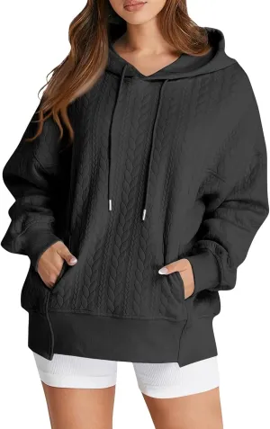 Womens Fall Oversized Hoodie Casual Long Sleeve Drawstring Quilted Pullover Tops Solid Hooded Sweatshirt with Pockets