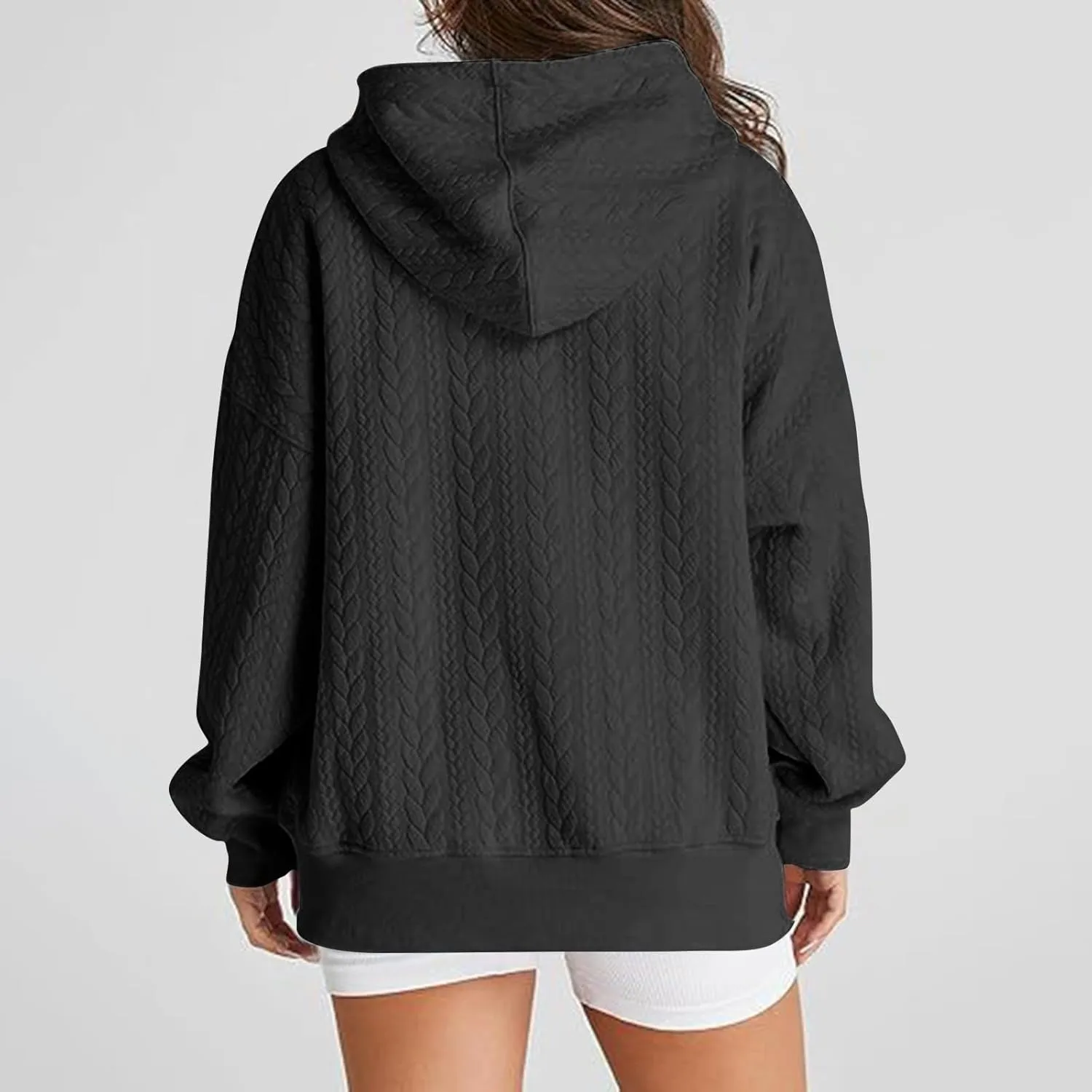 Womens Fall Oversized Hoodie Casual Long Sleeve Drawstring Quilted Pullover Tops Solid Hooded Sweatshirt with Pockets