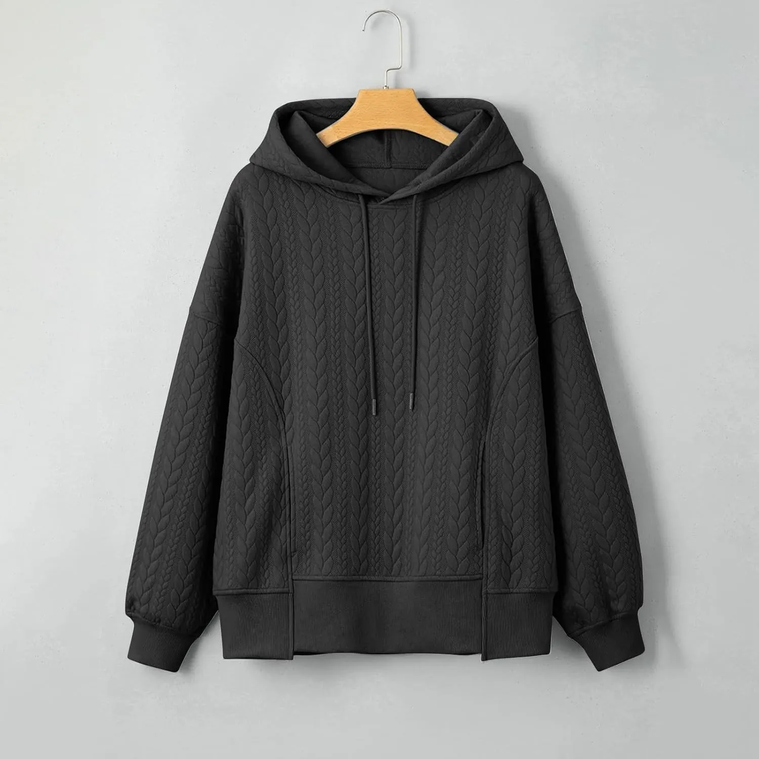 Womens Fall Oversized Hoodie Casual Long Sleeve Drawstring Quilted Pullover Tops Solid Hooded Sweatshirt with Pockets